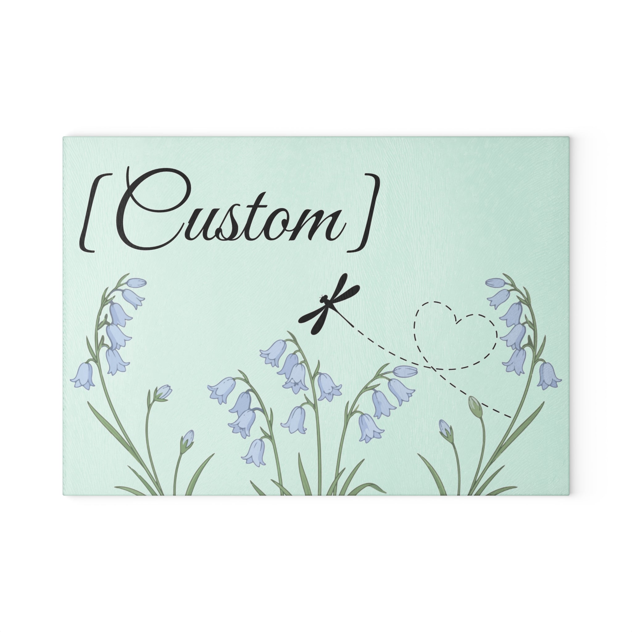 Glass Cutting Board | Bluebell Floral and Dragonfly with Custom Name Option
